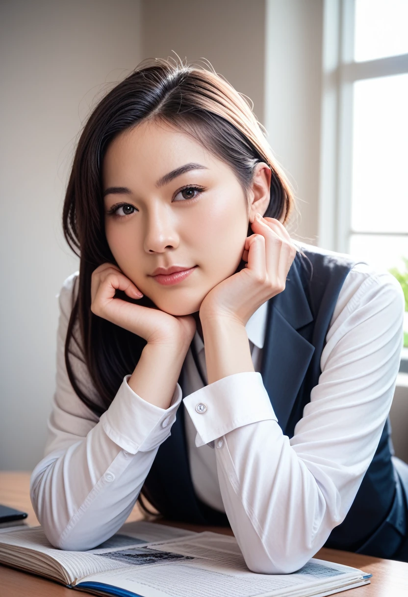 8k, raw photo, best quality, masterpiece, realistic, photo realistic, clear, professional lighting, beautiful face, best quality,ultra high res, realistic japanese beautiful, Super detailed, 1girl, clothed, indoor, head rest