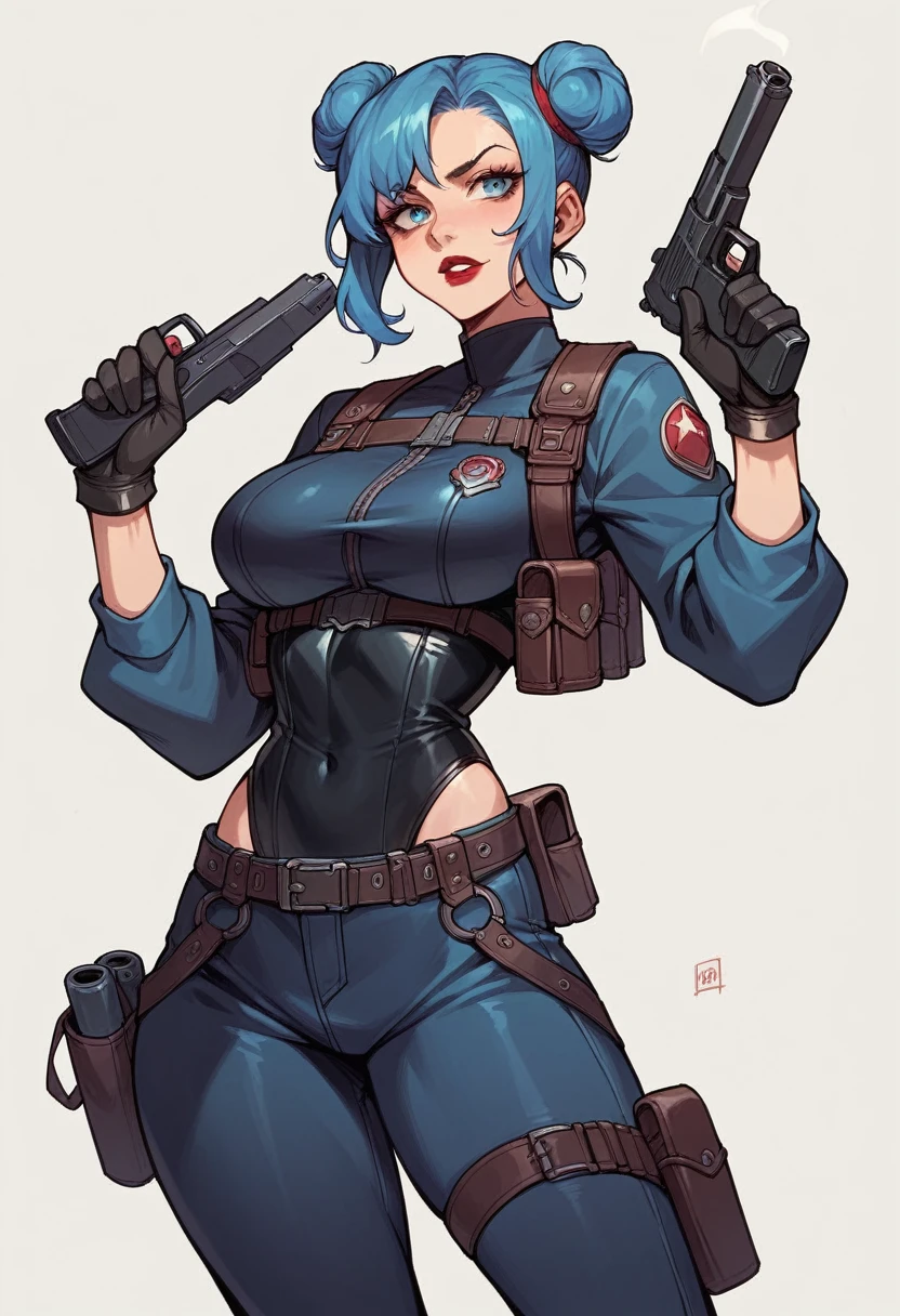 beautyfull woman, blue buns hair, black secret agent suit, holster, red lipstick, holding gun