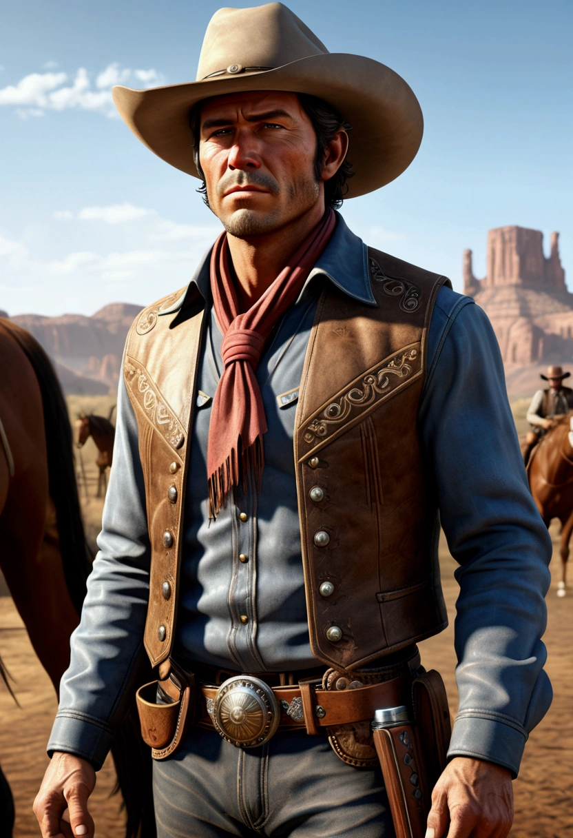 (Western Cowboy with hat), hand drawing cartoon style 2d stick figure, full body, award-winning, cinematic still, emotional, vignette, dynamic, vivid, (masterpiece, best quality, Professional, perfect composition, very aesthetic, absurdres, ultra-detailed, intricate details:1.3)