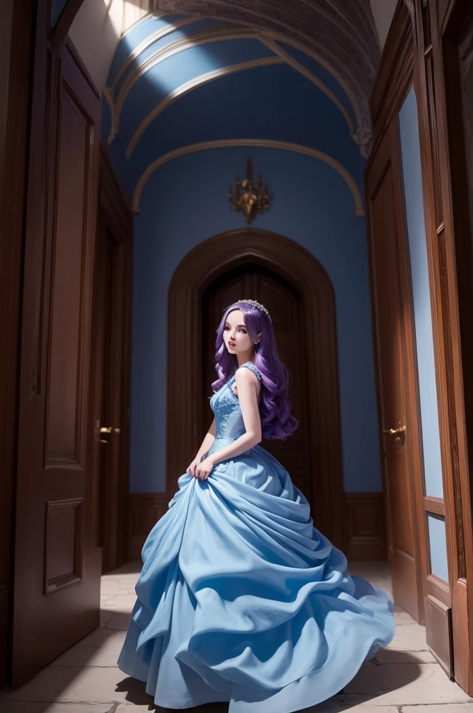 A super realistic image of actress Dove Cameron with dark purple hair entering a Castle room wearing a very pretty blue dress