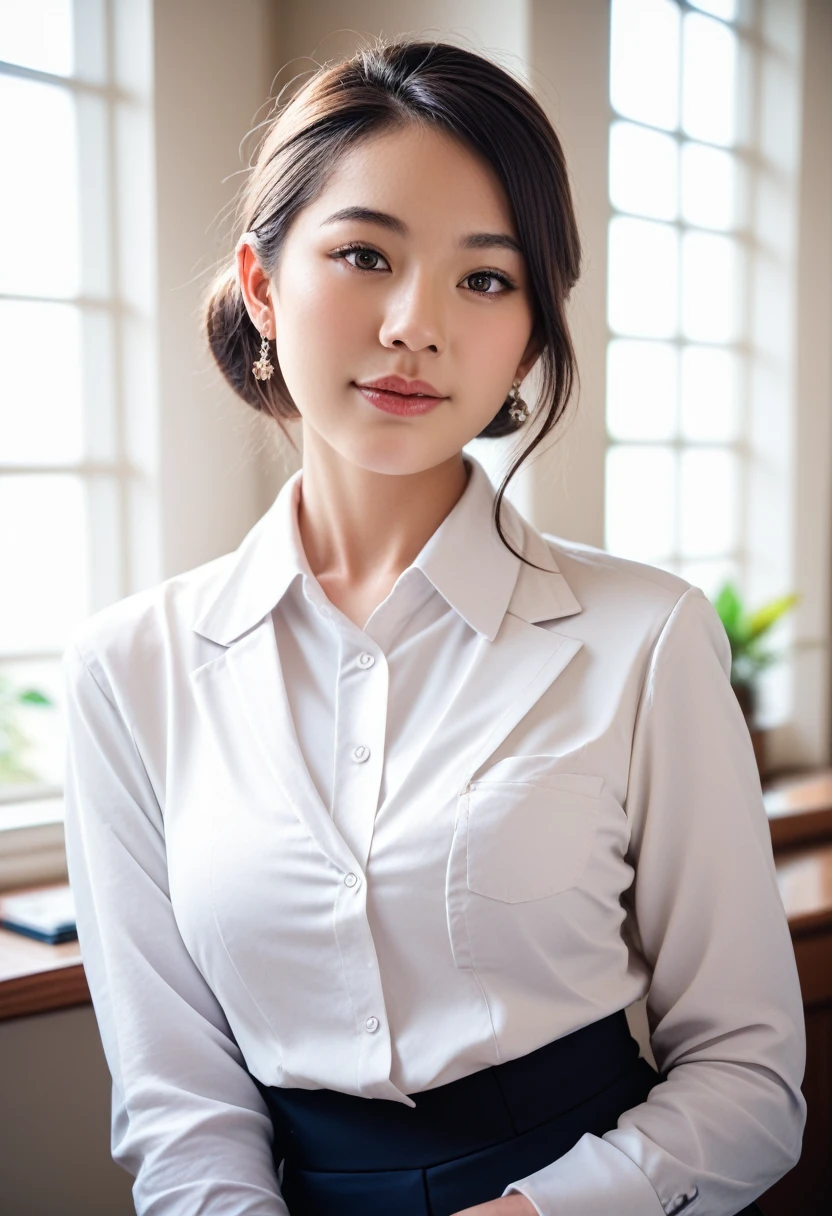 8k, raw photo, best quality, masterpiece, realistic, photo realistic, clear, professional lighting, beautiful face, best quality,ultra high res, realistic japanese beautiful, Super detailed, 1girl, clothed, indoor, arm support