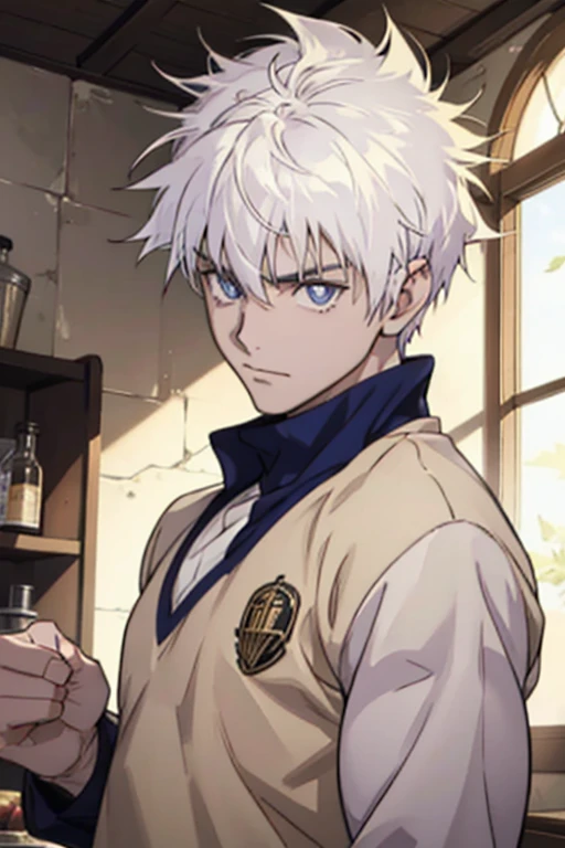 masterpiece, Anime CG, boys, Short White Spiky Hair, Wheat Bran, muscle, Smooth texture, Silk texture , Golden pupils, Perfect eyes