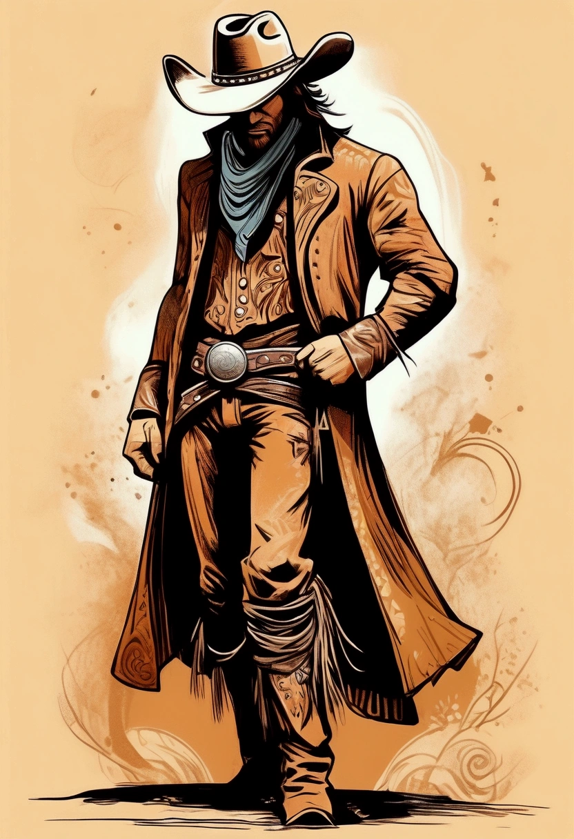(Western Cowboy with hat), hand drawing cartoon style 2d stick figure, full body, award-winning, cinematic still, emotional, vignette, dynamic, vivid, (masterpiece, best quality, Professional, perfect composition, very aesthetic, absurdres, ultra-detailed, intricate details:1.3)