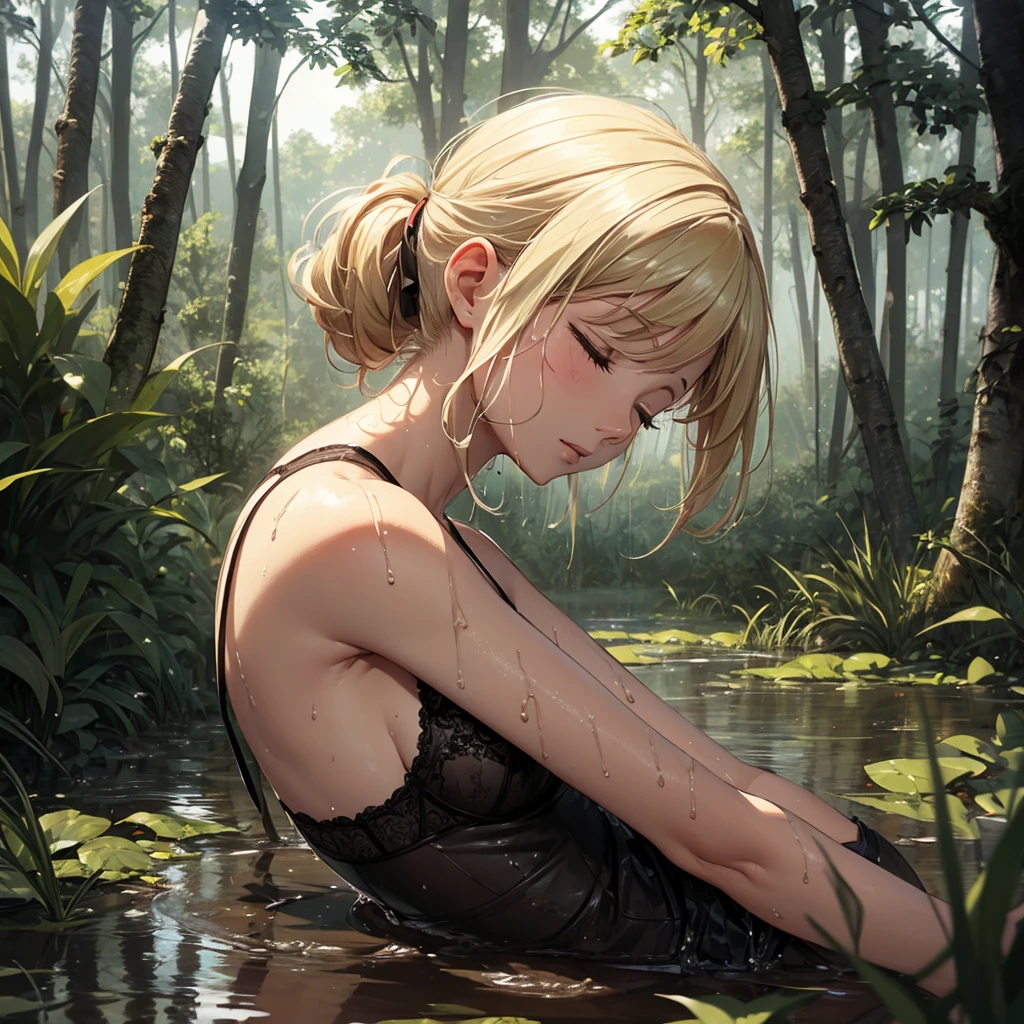 Muddy, wet, drowned in mud, bog, grass, trees, muck, orgasm, looking up, eyes closed, mouth open, Solo, From Side, wearing black lingerie, blonde hair in ponytail, midday, overcast rainy weather