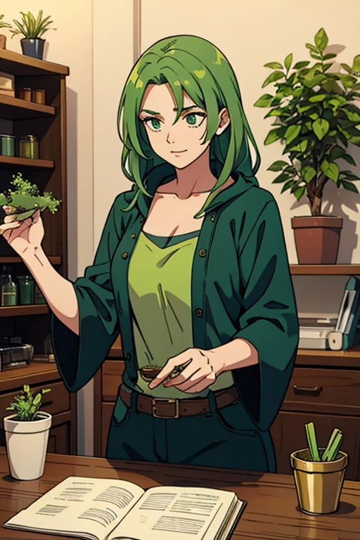 A green haired woman working with herbs an herbalist 