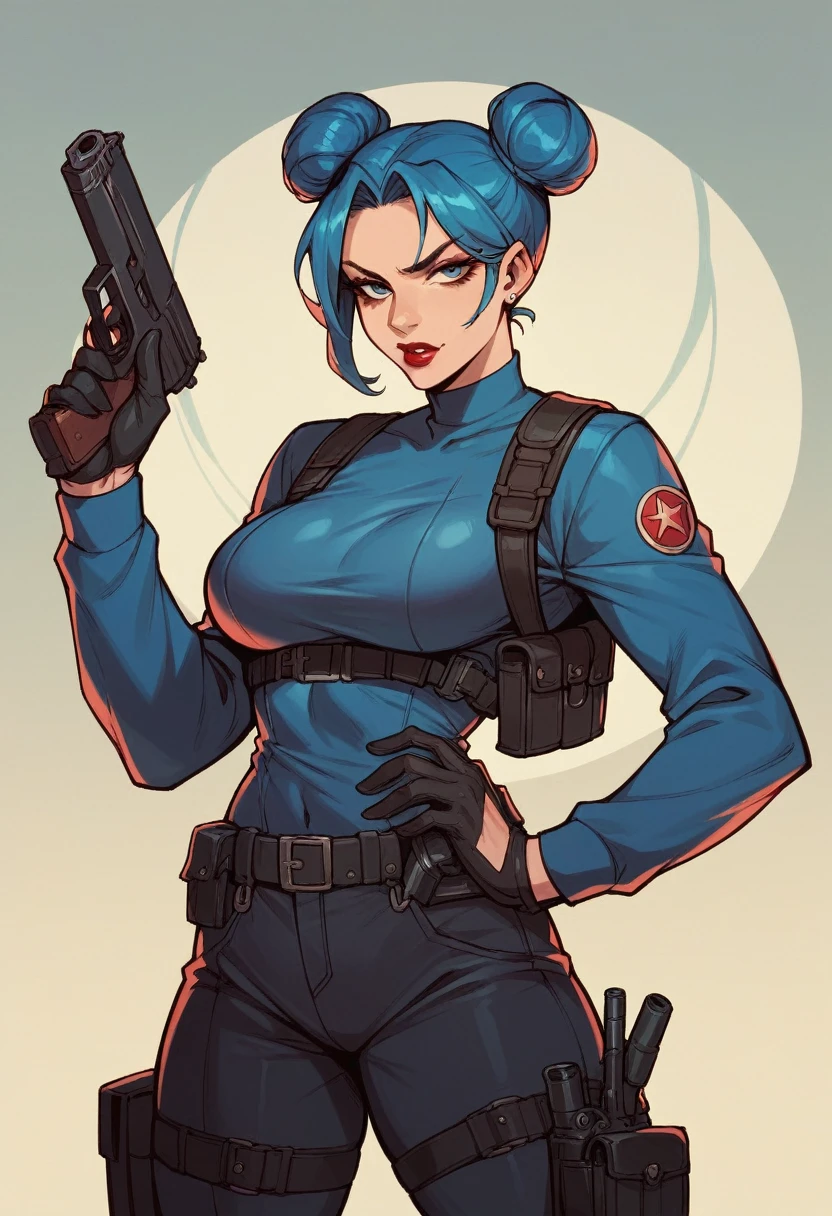 beautyfull woman, blue buns hair, black secret agent clotches, holster, red lipstick, holding gun