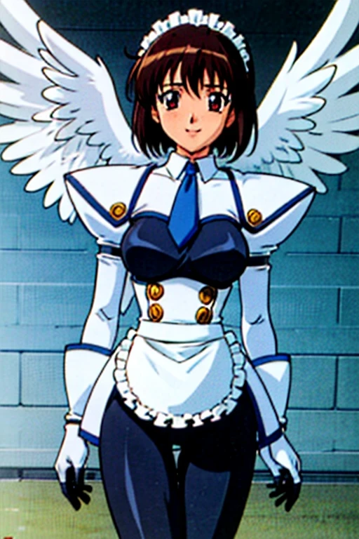 Highest quality,ultra-detailed,High resolution,extremely detailed CG,unity 8k wallpaper,Official Art,detailed,super detailed skin,Perfect Anatomy,beautiful detailed eyes,((Anime screenshots)),Very delicate and beautiful,comics,90s Anime,90s Anime style,cel shad kotetsu_Angel_release,Fight_Costumes,apron,gloves,short hair, Maid, Maid headdress, bangs, chest, tie, waist apron, ,Red eyes,, white gloves, dress, Long sleeve, elbow gloves, 1990s (style), Frills, Ascot, blue tie,white apron,medium chest,black_pantyhose,smile,