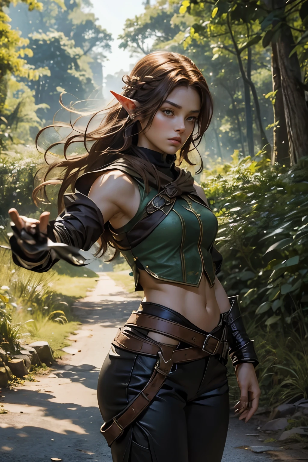 Echo, a 22-year-old half-elf. She has caramel skin with a golden glow, thick light chestnut hair with soft waves, and brown eyes with green hues. Her face is oval with soft features and pronounced cheekbones, adding harmony. She has full, attractive lips with a natural blush. Her beauty radiates strength and confidence, and a slight scar over her right eyebrow adds a warrior's touch. Her ears are small, like a human's, but pointed like an elf's. Her physique is athletic, toned, slim, and flexible, with rounded, firm curves. She wears leather bracers on both wrists, with a decoration in the shape of a translucent white orchid made of precious stones in the left bracer. Echo crouches on a rocky ledge, aiming her bow towards the road where bandits are attacking travelers. The camera is shot from a three-quarter rear angle, showing her athletic figure, toned buttocks, and sporty legs. Her light chestnut hair is braided, hanging over her left shoulder. She wears a dark leather vest, leaving her arms free for movement, and dark turquoise pants that tightly hug her body. Throwing knives are attached to her right thigh. The bow in her hands is taut, ready to shoot, the arrow pointed directly at the bandits. In the background, the road is visible with the skirmish taking place. Tall trees line both sides of the road, creating shade, while sunlight filters through the branches, illuminating the scene.