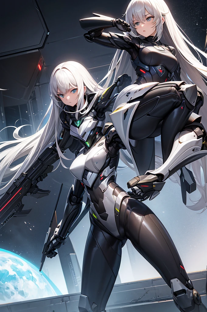 masterpiece, fullbody, [long hair], girl, (futuristic armor), slim suit, tactical armor, robotic, (long pants), mechanical legs, swat
