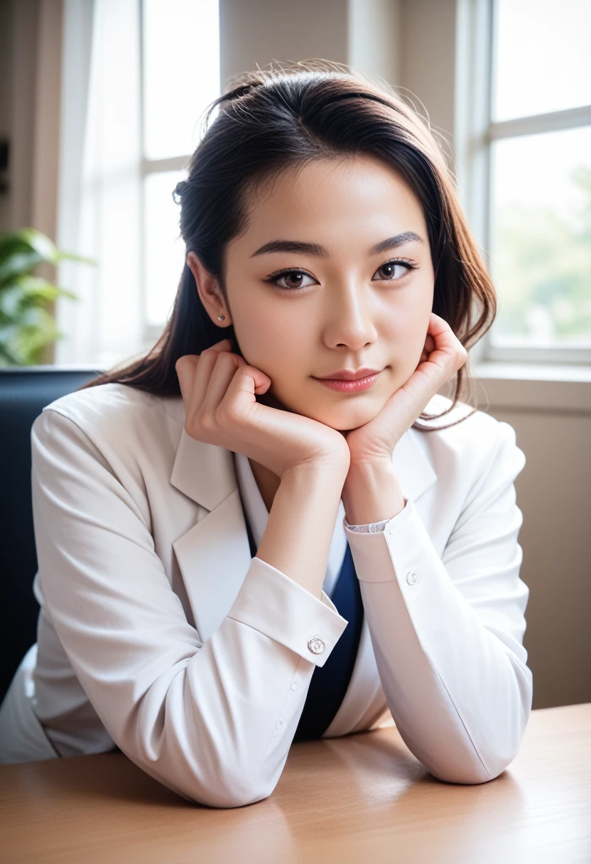 8k, raw photo, best quality, masterpiece, realistic, photo realistic, clear, professional lighting, beautiful face, best quality,ultra high res, realistic japanese beautiful, Super detailed, 1girl, clothed, indoor, head rest, arm support