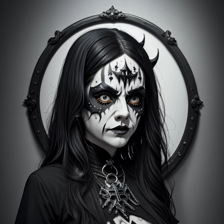 a drawing of a woman, women's t-shirt with very detailed makeup, Corpse Paint (in Portuguese: corpse painting) is a type of black and white facial painting, widely used by black metal bands, streetwear design, professional vector, cartoon style, full design, only 3 colors, solid colors, no shadows, full design, sticker, basic colors, white background. basic colors like blue, black and gray.
