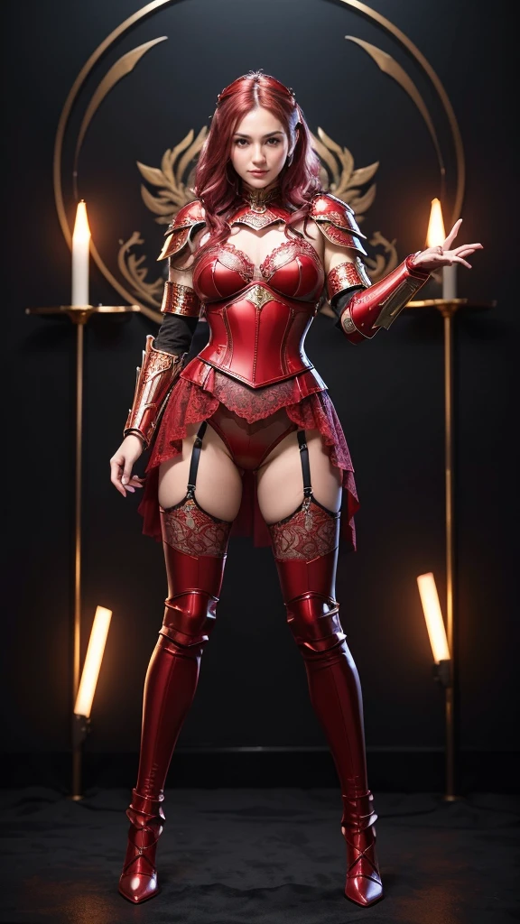 Masterpiece, best quality, 1girl, gold lace underwear, belly armor, glossy red corset armor, lace bra, extremely beautiful, fit body, full makeups, blue eyes, mecha (glossy red legs armor), (glossy red hands armor), (glossy red
arms armor), garter, lace stockings, wavy hair, pink hair,extreme details, crisp picture, posing in the middle, symmetrical pose, (full body:1.3), front view, small breasts, (perfect anatomy), volumetric lights, octane rendering, cameltoe:1.3