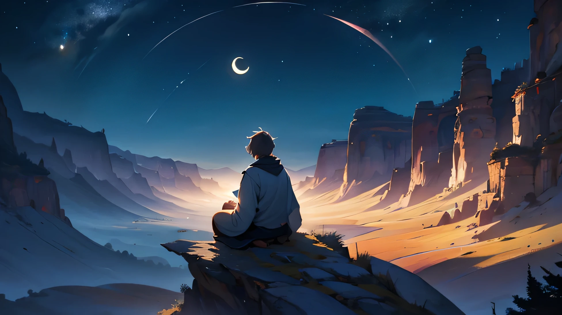 a person meditating. Loose Clothes. very detailed image Beautiful landscape of a valley illuminated by the light of the crescent moon. Feeling of great wisdom. Dreamlike and fantastic world. cinematic lighting.