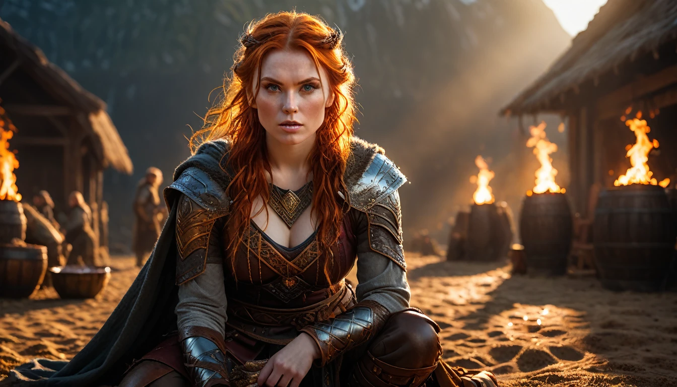 As the sun began to set, The warm golden hues of the sun illuminated his ornate attire, casting a warm glow across the area, Ground-level shot, badass red hair woman viking eating, background dark, hyper realistic, ultra detailed hyper realistic, photorealistic, Studio Lighting, reflections, dynamic pose, Cinematic, Color Grading, Photography, Shot on 50mm lens, Ultra-Wide Angle, Depth of Field, hyper-detailed, beautifully color, 8k, golden light from the front, show the character in the right side of the picture, show the character in the extreme right side of the screen