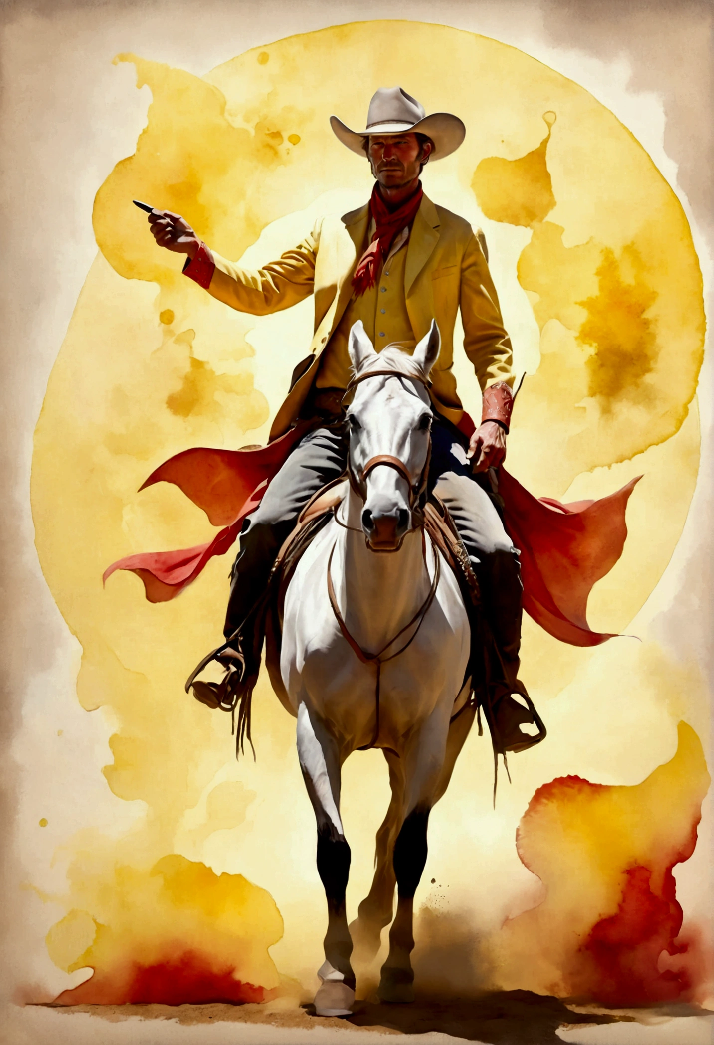 (Western Cowboy with hat), reaching the critical point of (yellow) shown as (red) fractal shapes blending together, in Ethereal Watercolor style, with dreamy washes, full body, award-winning, cinematic still, emotional, vignette, dynamic, vivid, (masterpiece, best quality, Professional, perfect composition, very aesthetic, absurdres, ultra-detailed, intricate details:1.3)