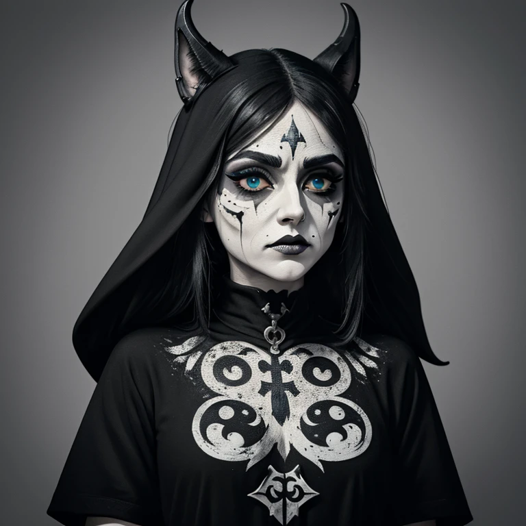 a drawing of a woman, women's t-shirt with very detailed makeup, Corpse Paint (in Portuguese: corpse painting) is a type of black and white facial painting, widely used by black metal bands, streetwear design, professional vector, cartoon style, full design, only 3 colors, solid colors, no shadows, full design, sticker, basic colors, white background. basic colors like blue, black and gray.