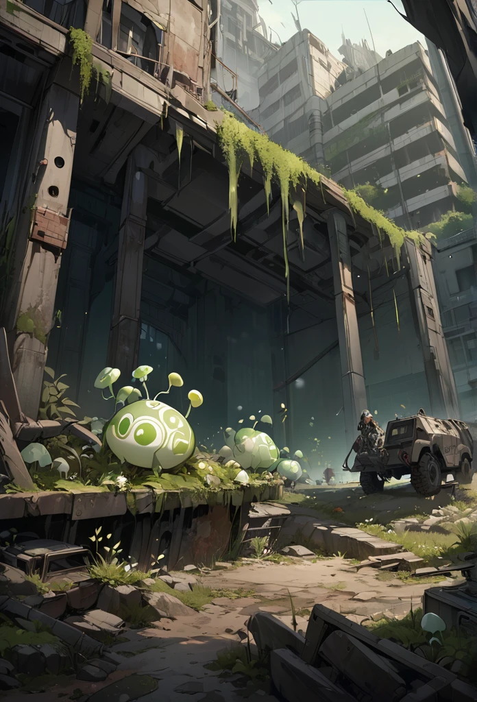 (Super detailed), (masterpiece), (Highest quality), (Very detailed CG ユニット 8k 壁紙), a man in hazmat gas mask suit exploring Abandoned city, Follow the path, Contaminated, Abandoned, (green sky), Ignored, dawn, Concept Art, (Small growths of tiny shiny fungi, roots, spore, Contaminated air), (Greenish sky), dark, Post-apocalyptic, Cinematic, Very detailed, stylized wallpaper