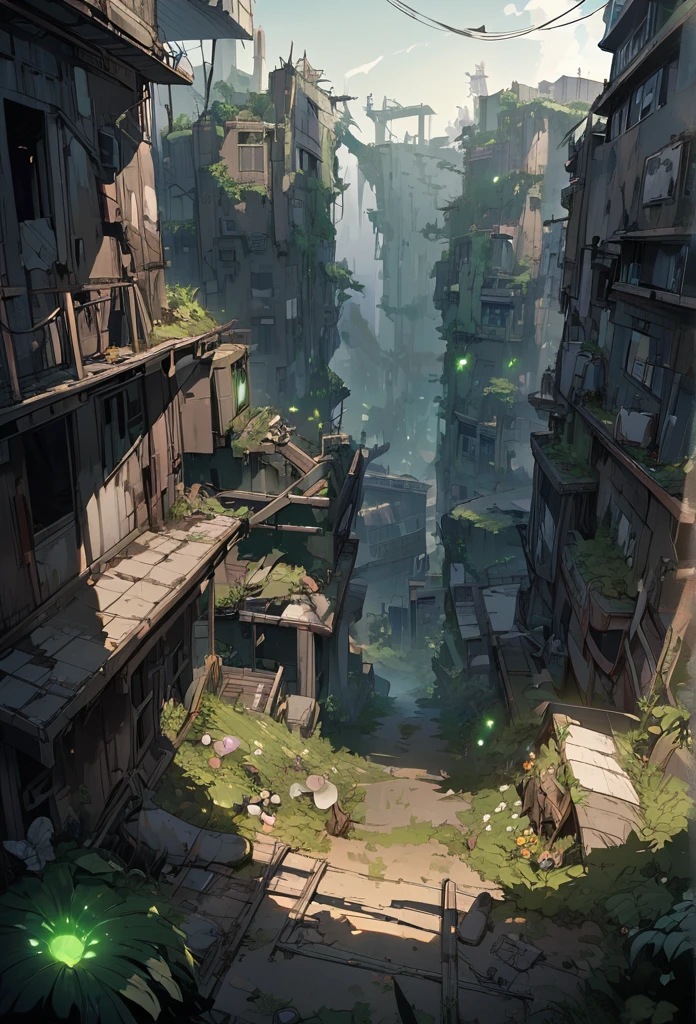 (Super detailed), (masterpiece), (Highest quality), (Very detailed CG ユニット 8k 壁紙), a man in hazmat gas mask suit exploring Abandoned city, Follow the path, Contaminated, Abandoned, (green sky), Ignored, dawn, Concept Art, (Small growths of tiny shiny fungi, roots, spore, Contaminated air), (Greenish sky), dark, Post-apocalyptic, Cinematic, Very detailed, stylized wallpaper
