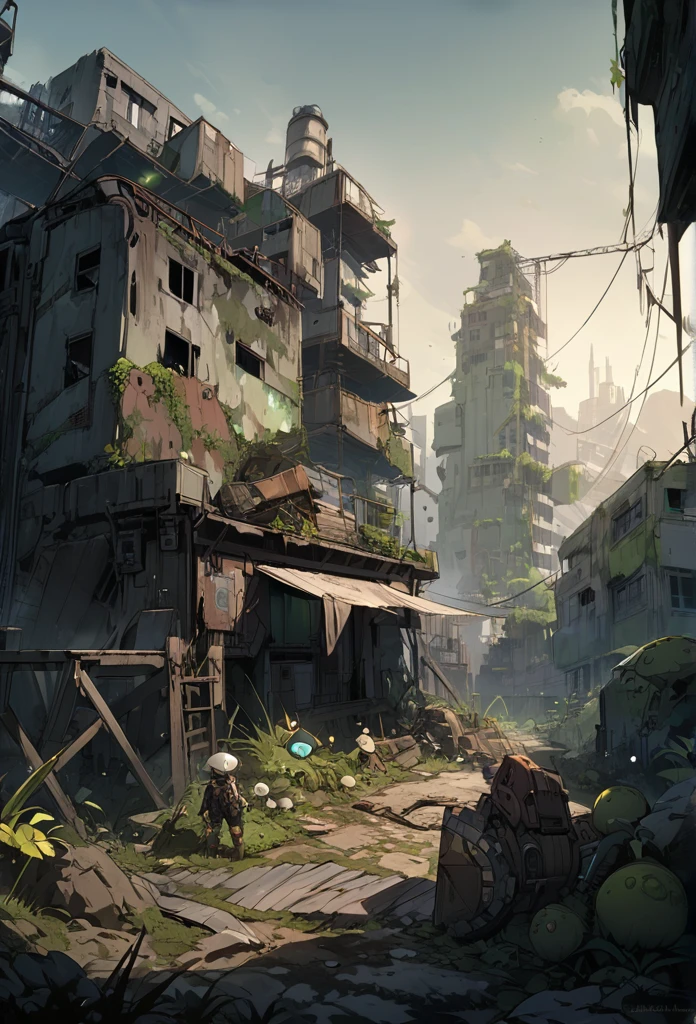 (Super detailed), (masterpiece), (Highest quality), (Very detailed CG ユニット 8k 壁紙), a man in hazmat gas mask suit exploring Abandoned city, Follow the path, Contaminated, Abandoned, (green sky), Ignored, dawn, Concept Art, (Small growths of tiny shiny fungi, roots, spore, Contaminated air), (Greenish sky), dark, Post-apocalyptic, Cinematic, Very detailed, stylized wallpaper