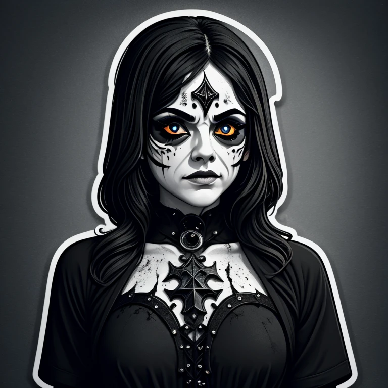a drawing of a woman, women's t-shirt with very detailed makeup, Corpse Paint (in Portuguese: corpse painting) is a type of black and white facial painting, widely used by black metal bands, streetwear design, professional vector, cartoon style, full design, only 3 colors, solid colors, no shadows, full design, sticker, basic colors, white background. basic colors like blue, black and gray.