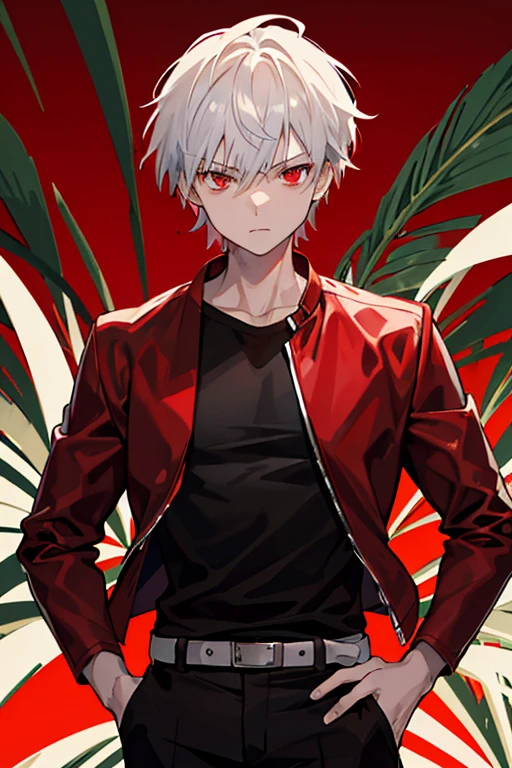 Spikey medium-length white hair, brown-skinned male, red eyes, red t-shirt, black pants, black jacket, jungle background 