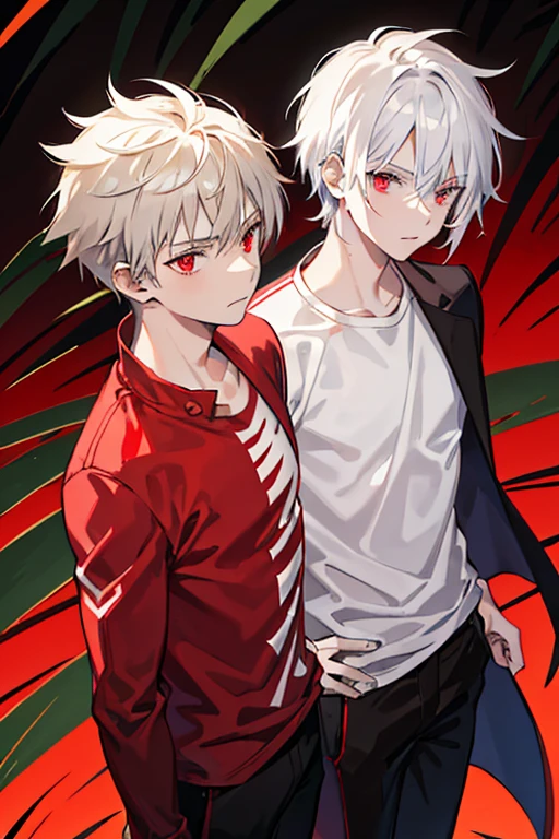 Spikey medium-length white hair, brown-skinned male, red eyes, red t-shirt, black pants, black jacket, jungle background