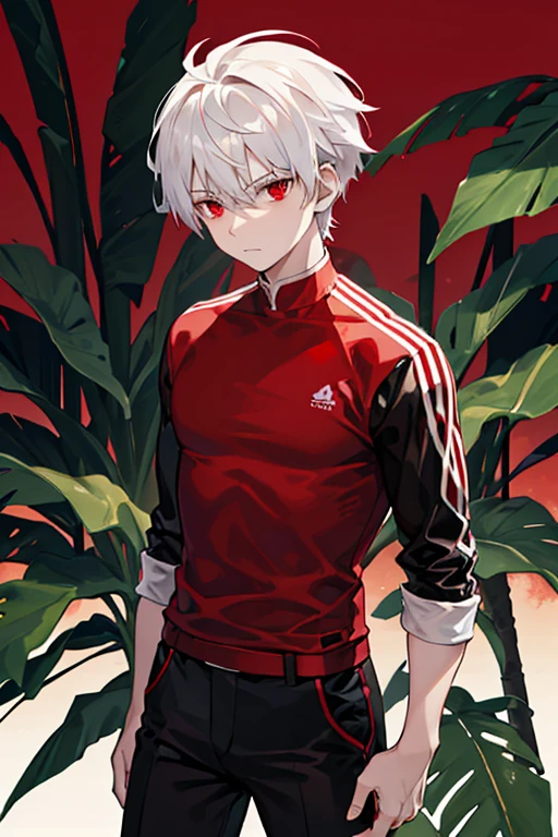 Spikey medium-length white hair, brown-skinned male, red eyes, red t-shirt, black pants, black jacket, jungle background 