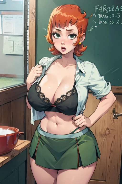 Red hair, short hair, green skirt, Open shirt, sexy underwear, White apron, big breasts.