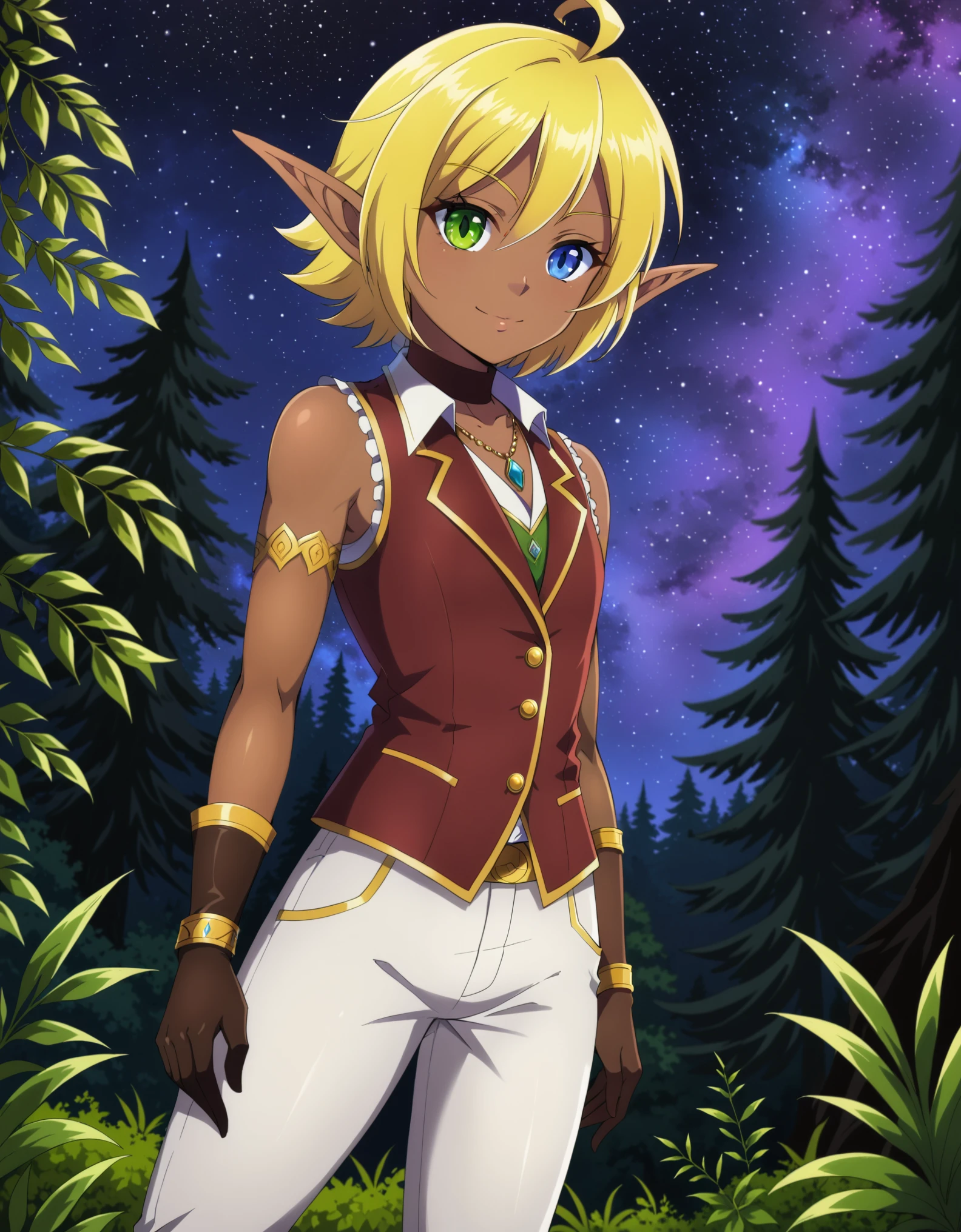 score_9, score_8_up, score_7_up, source_anime,
aurabellafiora,
aura bella fiora, short hair, blue eyes, blonde hair, hair between eyes, green eyes, ahoge, pointy ears, dark skin, heterochromia, elf, dark elf,
gloves, jewelry, necklace, vest, white vest, pants, white pants,
outdoors, night, night sky, forest, nature,
looking at viewer, cowboy shot, dutch angle, solo