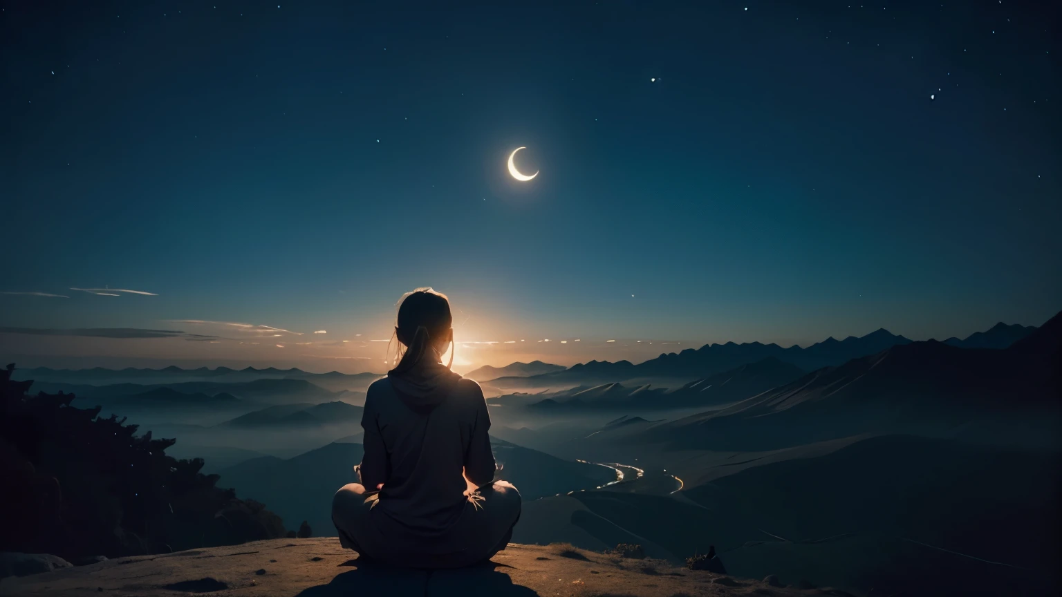 a person meditating. Loose Clothes. very detailed image Beautiful landscape of a valley illuminated by the night of a crescent moon. Feeling of great wisdom. Dreamlike and fantastic world. cinematic lighting.