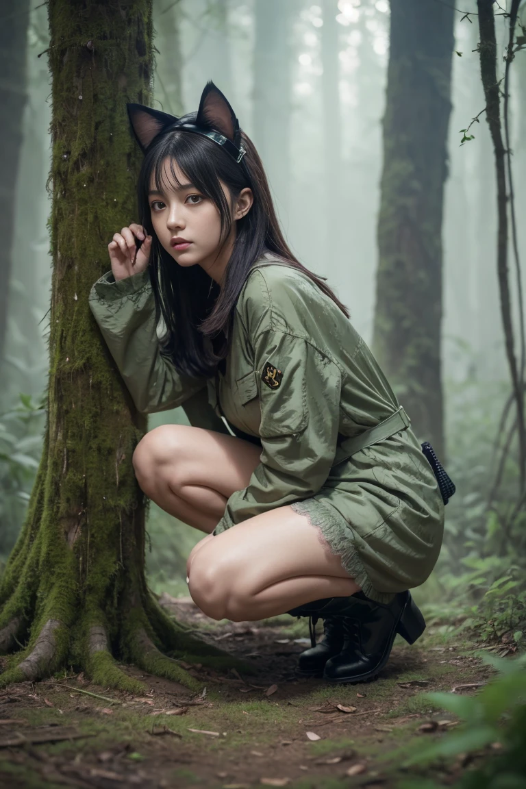 (horror theme: 1.3), 1 girl, citrine eyes, cat ears, cat tail, parted lips, cute, medium , (thighs:0.9), (ghillie suit:1.1), rifle, lace-up boots, kneeling, one knee to chest, (aiming:1.2), leaning forward, in bush, foggy forest, diffused morning glow, light particles, dappled sunlight, drop, sharp focus, close-up, (from side:0.9), (light green atmosphere:1.1), (light green tone:1.1), (orange tone:0.9), illustration, (anime coloring:1.1), BREAK (masterpiece:1.2), (best quality:1.2), newest, (intricate details:1.2), ai-generated,Model & LoRA usedModel XLXL Merge seriesLoRA XLLCM&TurboMix LoRA (eular a.fix) XLLoRA XLModelBoosterXL