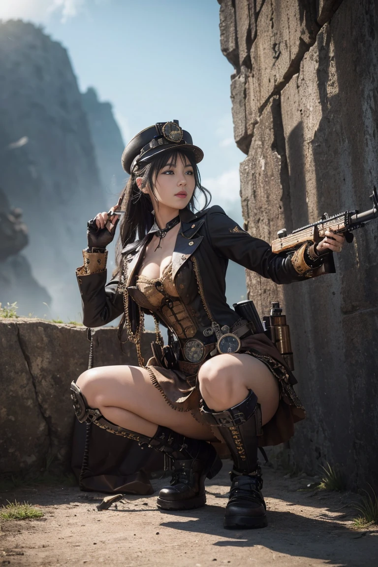 (((steampunk))), (((a body with a large gear attached))), anime girl with rifle shooting at a rock wall, the bottom shows a soldier aiming his gun in the air, 1girl, a body with a large gear attached, weapon, solo, gun, one knee, long hair, skirt, rifle, gloves, sniper rifle, black hair, holding weapon, black skirt, shell casing, shoes, holding, (((masterpiece))), ((best quality)), (ultra-detailed), ((extremely detailed cg)), ((an extremely delicate)), (perfect lighting), (((8k))), (dynamic angle), ak-47, akm, kalashnikov_rifle, assault_rifle, holding_gun,