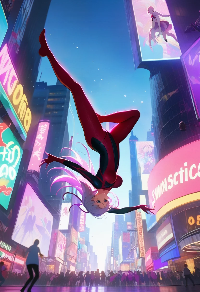(((full body photo))) score_9, score_8_up, score_7_up, score_6_up, score_5_up, score_4_up, spider Gwen, swinging through Times Square, airborne, acrobatic, graceful, medium breasts, cinematic angle, cinematic lighting, action, determination, masterpiece, n30n, neon lights