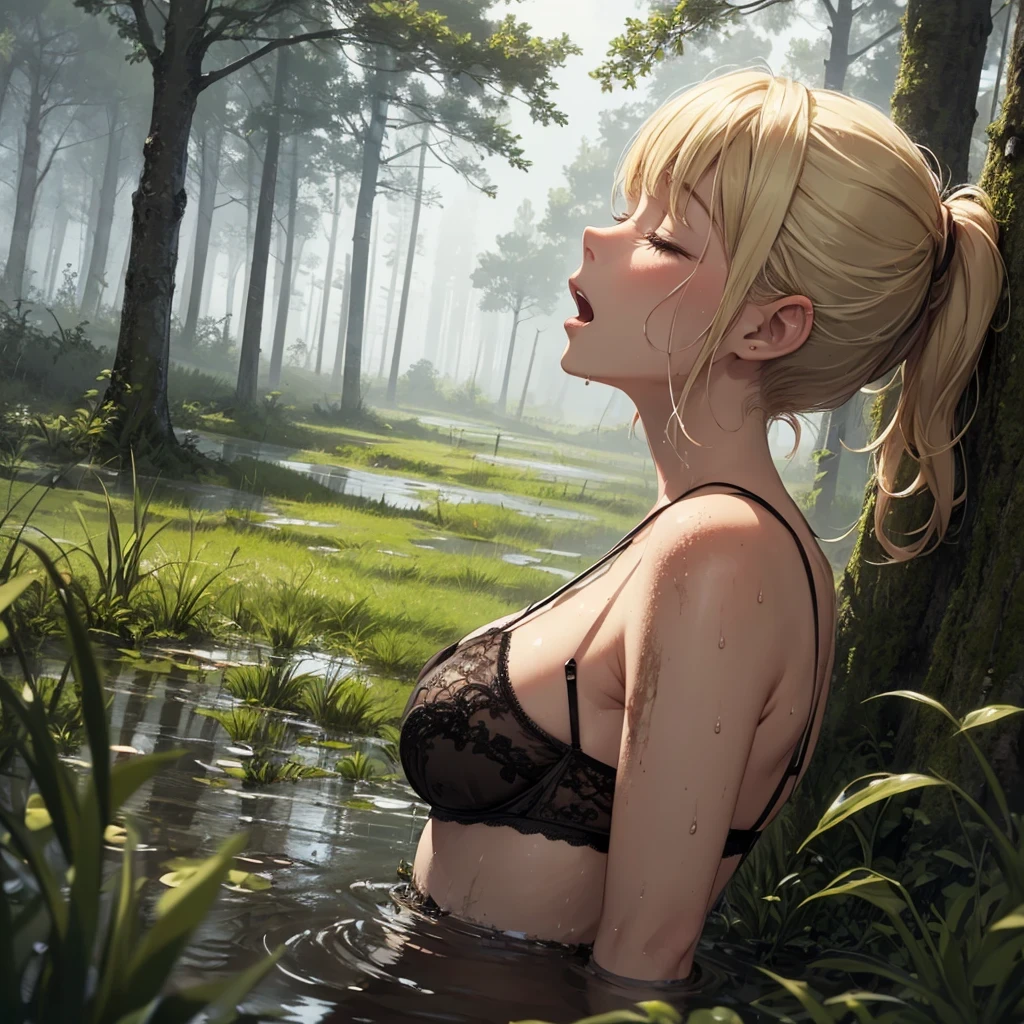 Muddy, wet, drowned in mud, bog, grass, trees, muck, orgasm, looking up, eyes closed, mouth open, Solo, From Side, wearing black lingerie, blonde hair in ponytail, midday, overcast rainy weather