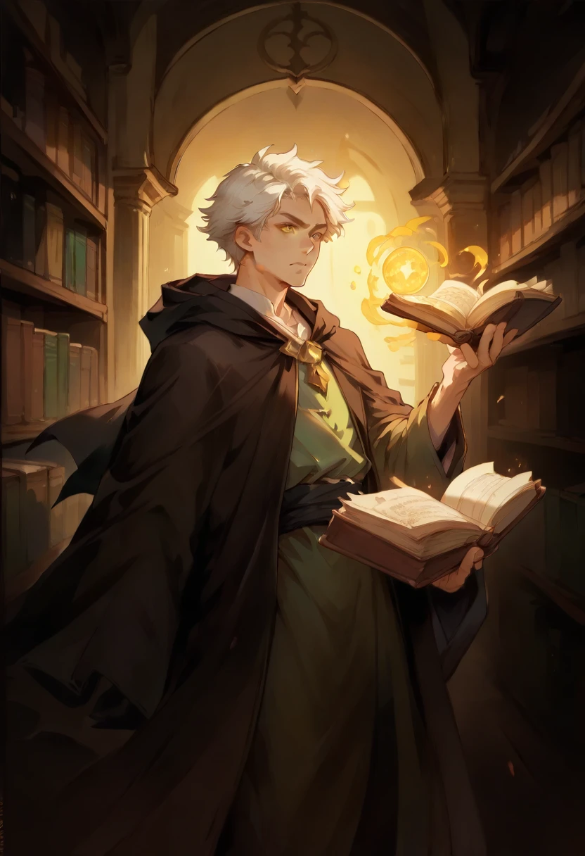 score_9, score_8_up, score_7_up, (1man, thin adult male:1.2), BREAK solo,male focus,indoors,wizard, looking, unexpertise, brown hair, yellow eyes,library,book,robes, no hat,magic,white hair,wild hair, The scene captures a magical atmosphere with his hair flowing in the wind, surrounded by a little of colorful glowing elemental weaves and floating magical ink in the air