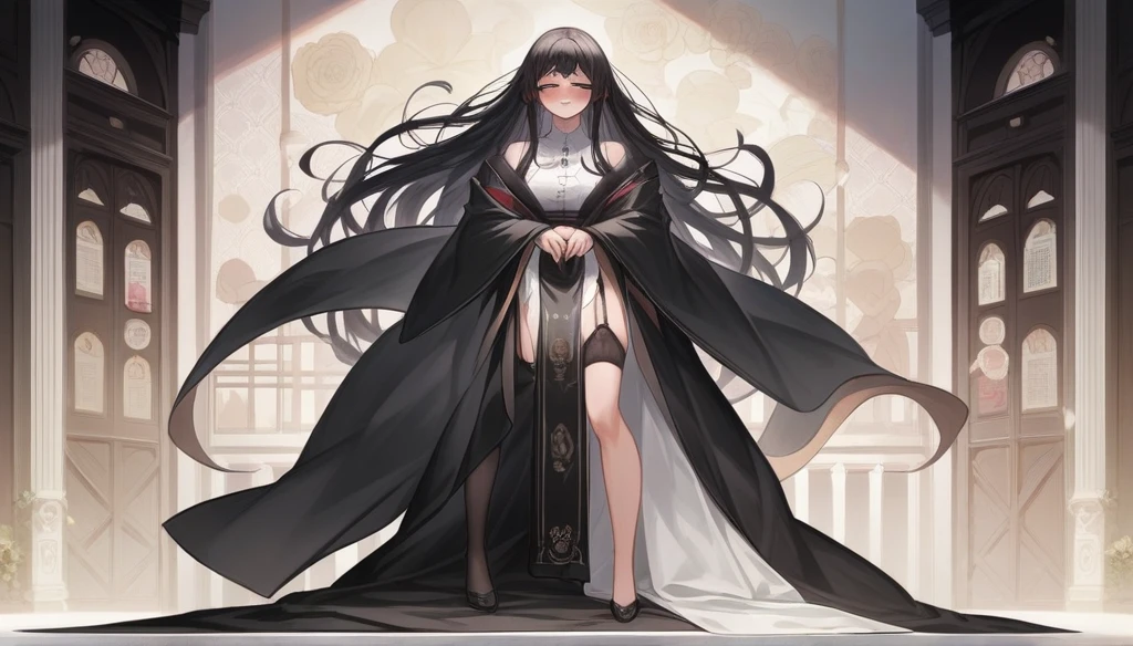 (extremely detailed CG unity 4k wallpaper),(masterpiece),(best quality),(ultra-detailed),(best illustration),(best shadow),(absurdres),(detailed background), black kimono, big bulge futanari, cumming under cloth, Detailed face, Detailed hair, Japanese, shy, blush, smile, Rich, Mansion setting, long black hair, black garter belt, black stocking