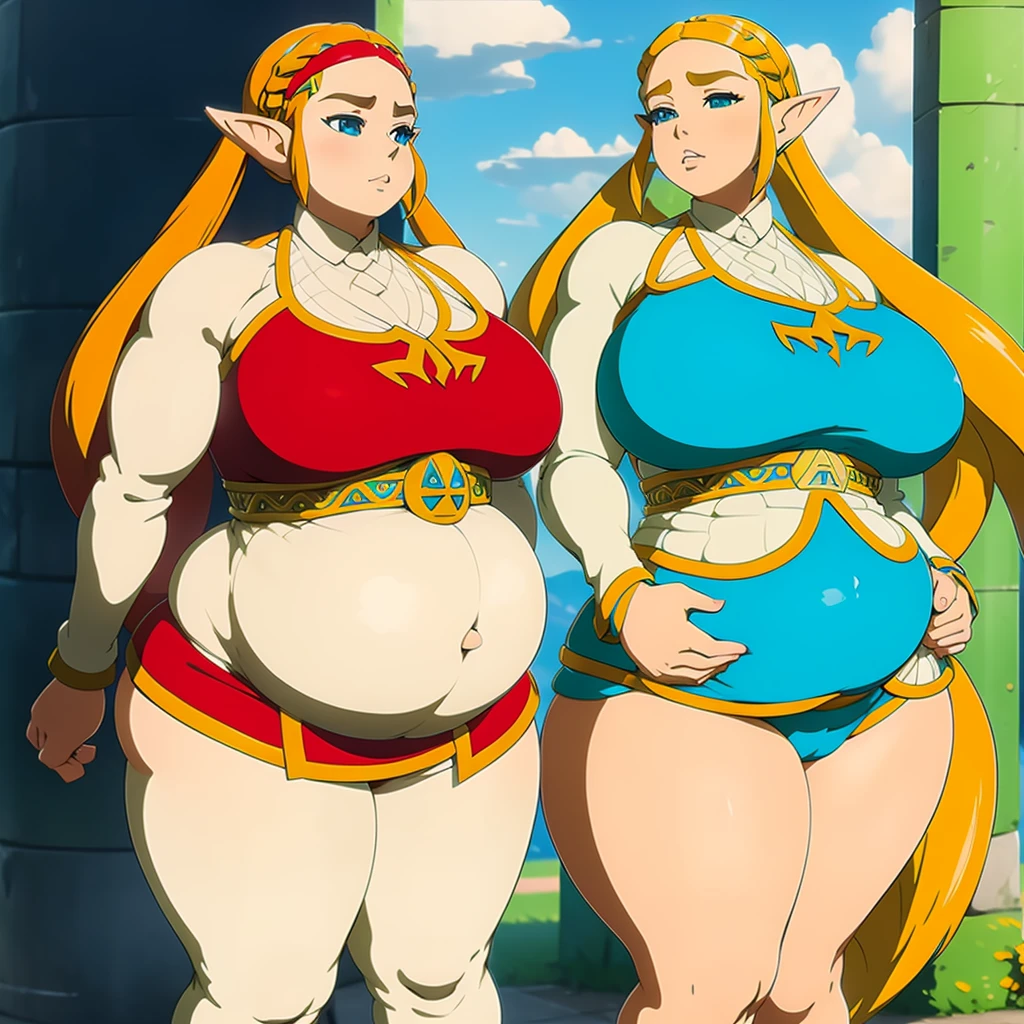 Anime Women, Adult female、Detailed face、amount、amount、Braided Pigtails, Zelda、Extremely Long Hair、Sharp eyes、Thick lips, ginormous body size, Extremely fat、extremely Chubby、extremely obese, obesity、obesity body、Double chin、Cheek、Thick neck、colossal Breasts、Extremely Saggy breasts、Thick upper arms、Thick arms、thick fingers、extremely Fat belly、Flabby belly、Flabby belly fat、Thick legs、colossal ASS, extremely pregnant, completely naked