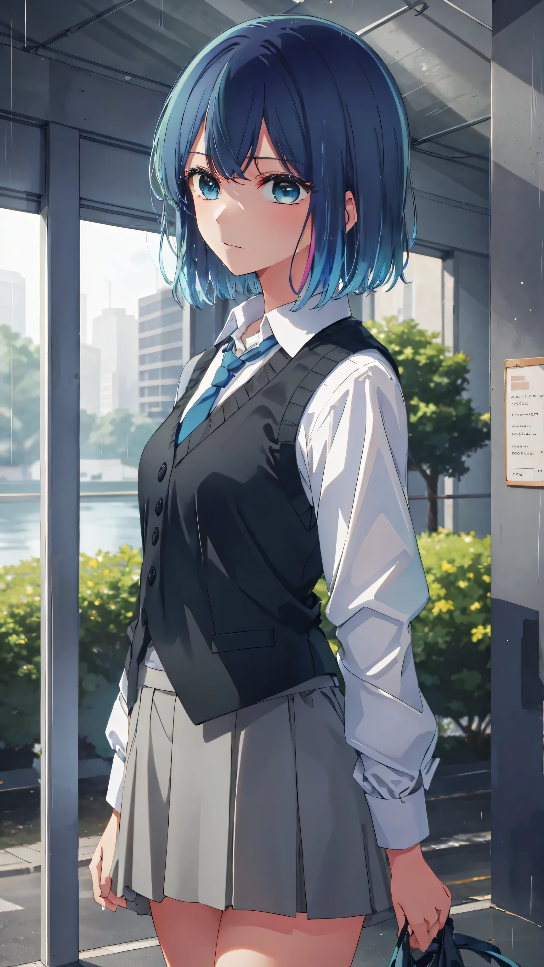 masterpiece, best quality, tall body, tall, long legs, mature woman, mature, adult, alone, tie, 1 girl, shirt, blue tie, blue hair, white shirt, long sleeves, looking at viewer, medium hair, shirt collared, vest, indoors, bangs, vest, green eyes, multicolored hair, black vest, short hair, discolored hair, blue eyes, skirt, in the rain, storm, soaked
