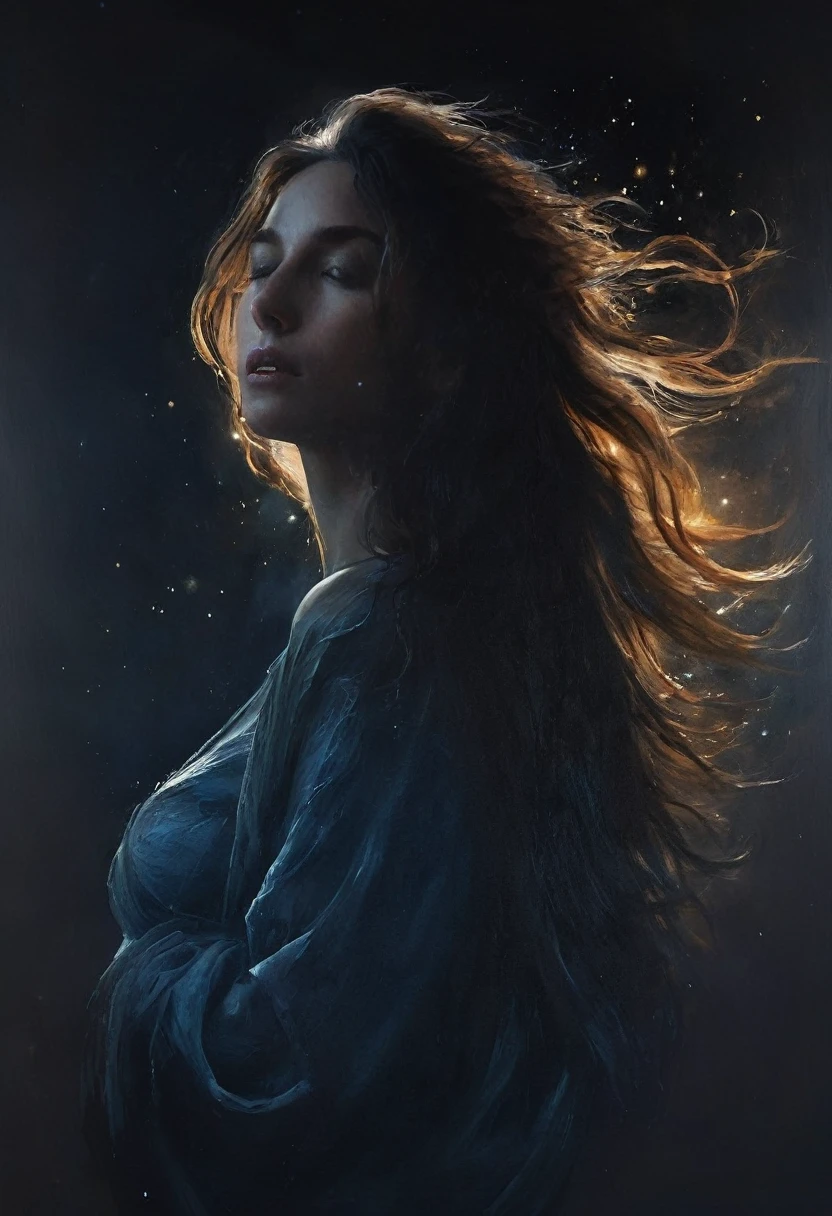 painting of a dark world. universe,in the sky there is a large image of a beautiful woman with flowing hair, looking down at the world, Inspiration, cinematic scene, volumetric lights, ultra realistic, in the style of nicola samori