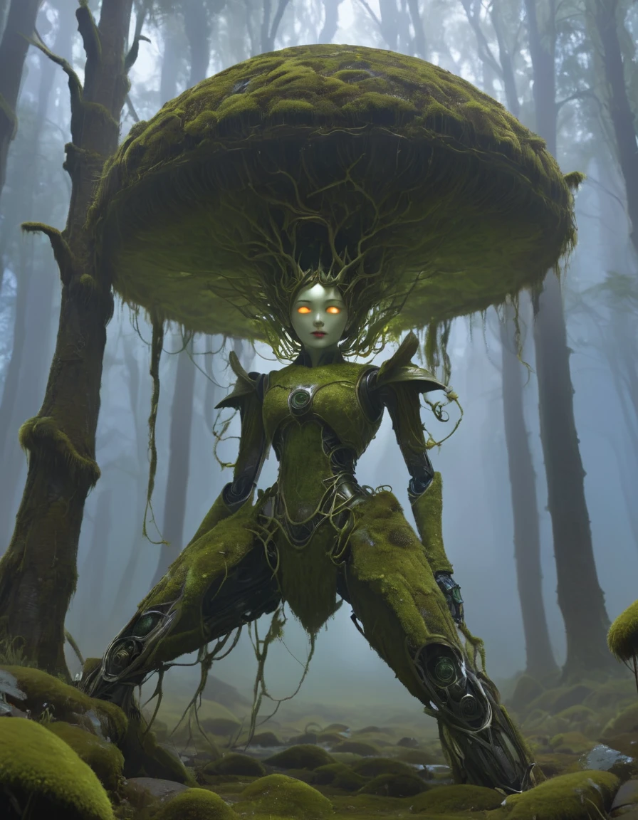 "Design a robot completely covered in lush, green moss, creating a striking blend of technology and nature. The robot's exterior is entirely enveloped in thick, velvety moss that gives it a soft, natural appearance. Its body is constructed with a framework of intertwining branches and stems, which serve as the base for the moss to grow and thrive. The robot’s limbs are composed of flexible, vine-like tendrils that move fluidly, with patches of moss clinging to them. Its eyes are smooth, polished stones set into the moss, glowing faintly with a warm, bioluminescent light. The robot’s core is an intricate, moss-covered structure with small, flowering plants sprouting from it, symbolizing its integration with nature. It stands in a tranquil, shaded forest, where it seamlessly blends into the surrounding foliage, appearing as a living extension of the natural world. The overall effect is a harmonious, futuristic entity that embodies both technological sophistication and natural beauty."
