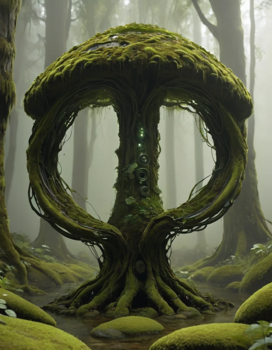 "Design a robot completely covered in lush, green moss, creating a striking blend of technology and nature. The robot's exterior is entirely enveloped in thick, velvety moss that gives it a soft, natural appearance. Its body is constructed with a framework of intertwining branches and stems, which serve as the base for the moss to grow and thrive. The robot’s limbs are composed of flexible, vine-like tendrils that move fluidly, with patches of moss clinging to them. Its eyes are smooth, polished stones set into the moss, glowing faintly with a warm, bioluminescent light. The robot’s core is an intricate, moss-covered structure with small, flowering plants sprouting from it, symbolizing its integration with nature. It stands in a tranquil, shaded forest, where it seamlessly blends into the surrounding foliage, appearing as a living extension of the natural world. The overall effect is a harmonious, futuristic entity that embodies both technological sophistication and natural beauty."