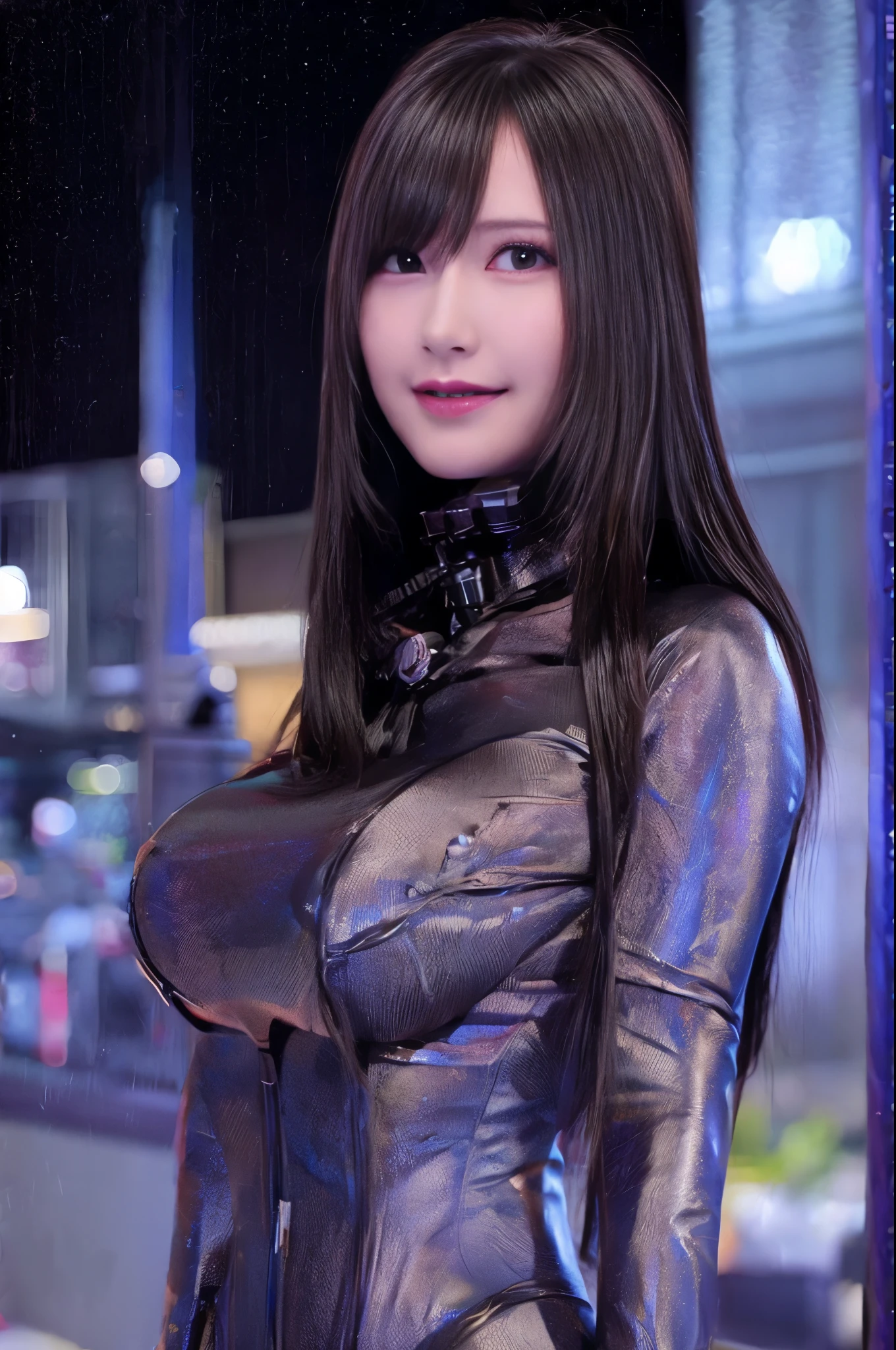 1 woman、smile、Bodysuits、cute、Bodyline、City of night、beauty、highest quality、Big Breasts、Describe the whole body、Skyscraper、Sexy pose、Browsing Caution,