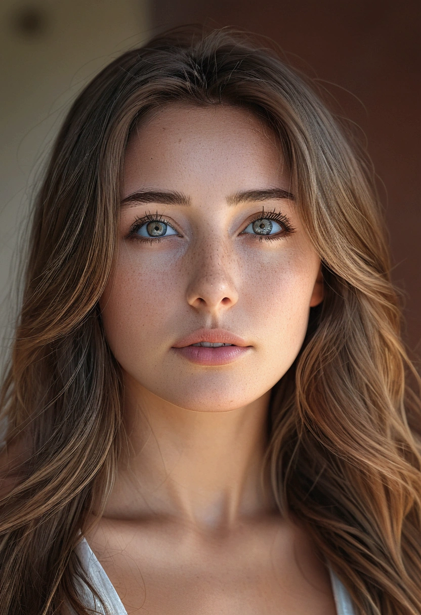 photorealistic girl, eyes open, full body shot, full body visible, dynamic pose, dynamic angle, realistic vagina, large rounded breasts, the caucasian girl has long dark chestnut BROWN STRAIGHT hair, casting shadow style, perfect eyes, realistic skin texture, flawed skin, shot with Sony Alpha A6500 1.4f, bokeh, highly detailed, HDR, professional lighting,