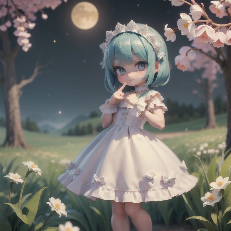 (masterpiece:1.2, Ultra detailed,1.5, unity 8k wallpaper, detailed finger:1.2), Lily of the valley:1.5, Girl, Adorable, dress, Night Grassland