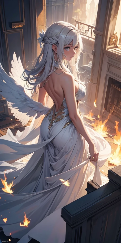 a (Rear view:1.5) A very beautiful female angel\(Long platinum blonde hair, Wide back white dress,(There are beautiful big angel wings on the chest),Very beautiful shiny halo\), She gently opened her arms，Seeking redemption, She is above the clouds, looking down at the world below,Ancient Europe， Fierce war\((So many sparks and flames), fail, fighter, Many buildings collapsed, Nature is destroyed, Magnificent scenery\) Happening Under the Clouds, rest ,quality\(8K,Extremely detailed CG unit wallpaper, masterpiece,high resolution,top-quality,top-quality real texture skin,Surrealism,提high resolution,RaW 照片,Best quality,Very detailed,wallpaper,light,Ray Tracing,Golden Ratio\),[National Foundation],Dynamic Angle,[National Foundation],from above