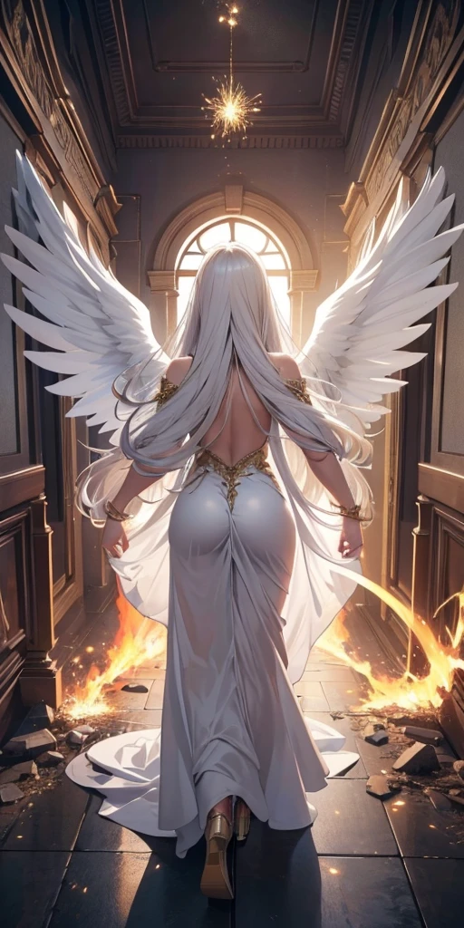 a (Rear view:1.5) A very beautiful female angel\(Long platinum blonde hair, Wide back white dress,(There are beautiful big angel wings on the chest),Very beautiful shiny halo\), She gently opened her arms，Seeking redemption, She is above the clouds, looking down at the world below,Ancient Europe， Fierce war\((So many sparks and flames), fail, fighter, Many buildings collapsed, Nature is destroyed, Magnificent scenery\) Happening Under the Clouds, rest ,quality\(8K,Extremely detailed CG unit wallpaper, masterpiece,high resolution,top-quality,top-quality real texture skin,Surrealism,提high resolution,RaW 照片,Best quality,Very detailed,wallpaper,light,Ray Tracing,Golden Ratio\),[National Foundation],Dynamic Angle,[National Foundation],from above