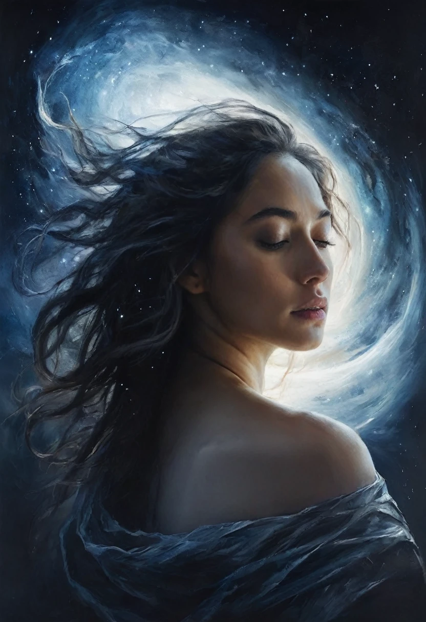 painting of a dark world. universe,in the sky there is a large image of a beautiful woman with flowing hair, looking down at the world, Inspiration, cinematic scene, volumetric lights, ultra realistic, in the style of nicola samori