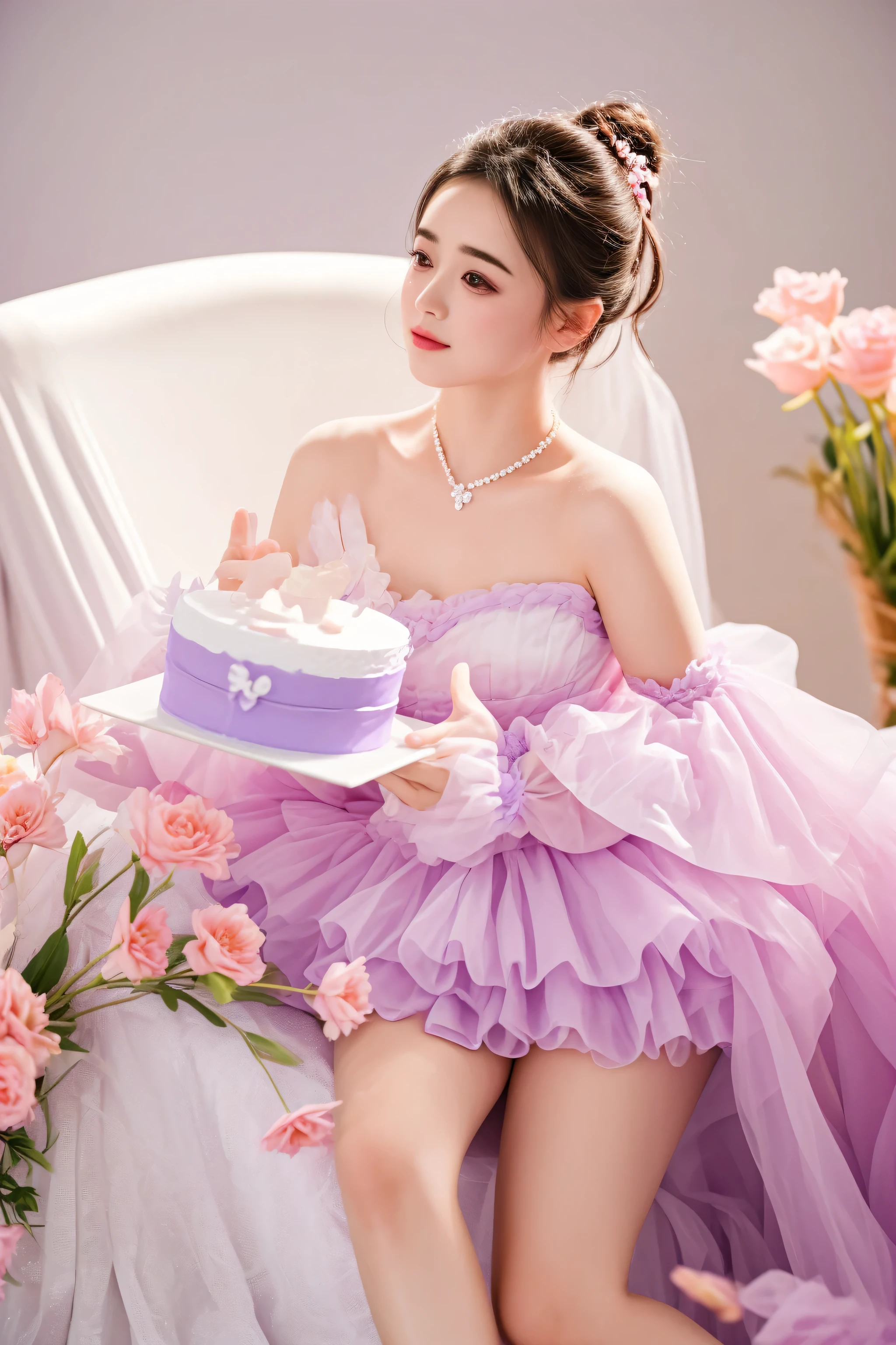 araffe sitting on a chair with a cake and flowers, wearing purple romantic tutu, wearing organza gown, wearing purple corset and tutu, fairycore, fanart, holding a birthday cake, with soft pink colors, dilraba dilmurat, aesthetic cute with flutter, belle delphine, lovely queen, captured on canon eos r 6, sha xi