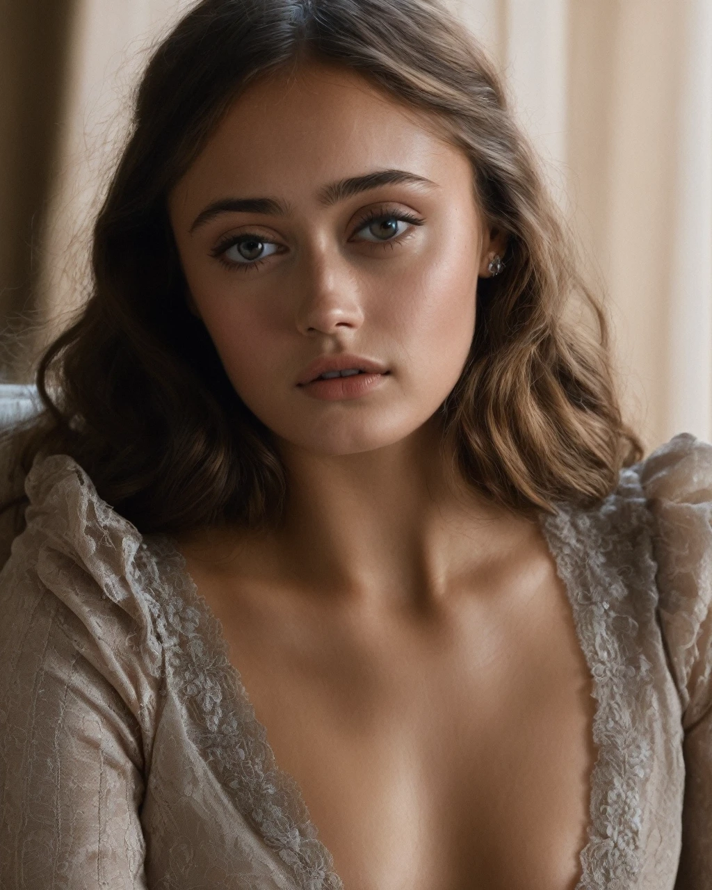 ella_purnell, solo, long hair, looking at viewer, ((perfect eyes, detailed eyes,realistic eyes)), ((sharp face, detailed face, realistic face, naturtal skin, realistic skin, detailed skin, pores)), naked, sitting on chair