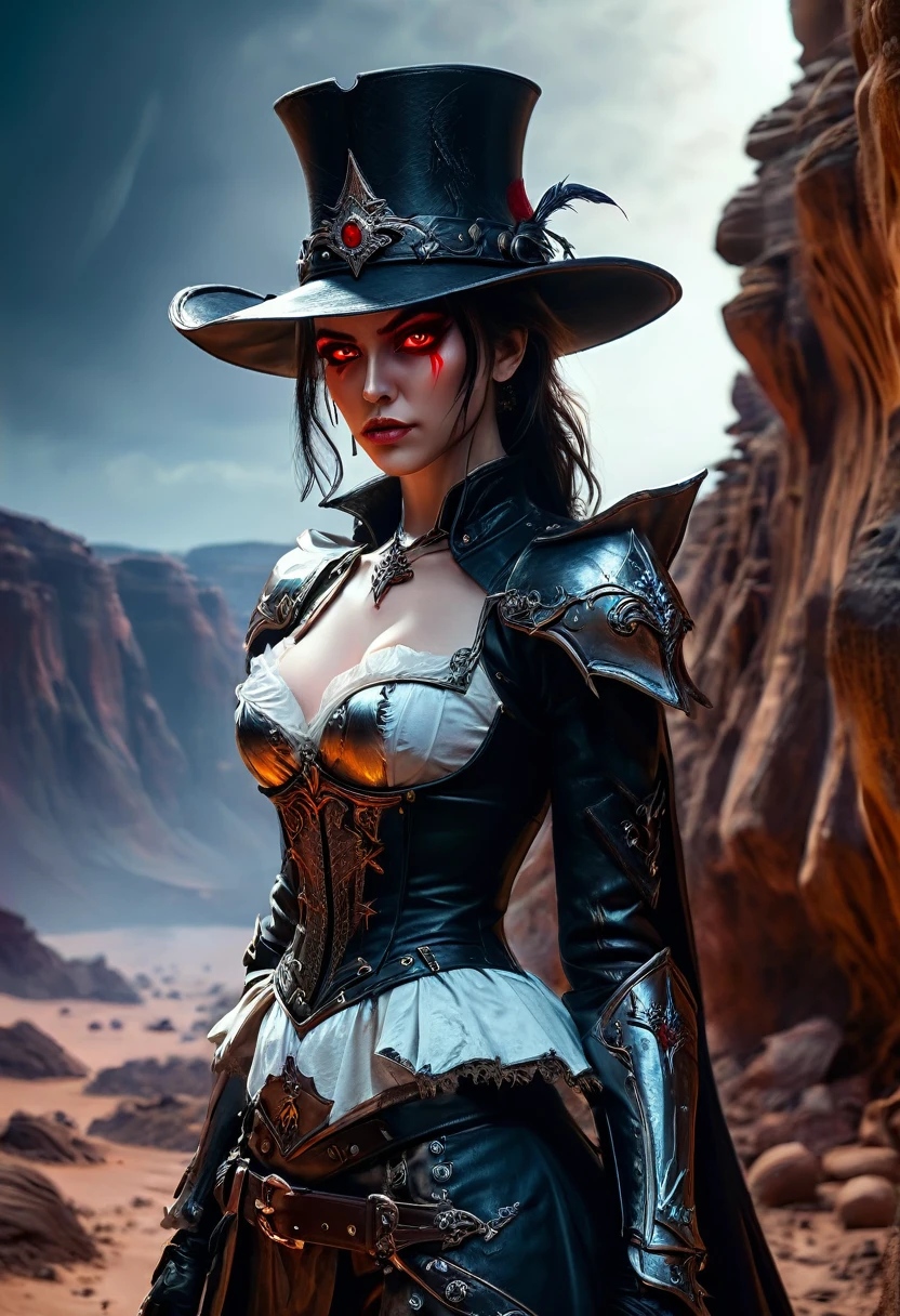 (Victorian photograph style: 1.5) picture of a female vampire cowboy in the desert night, a goth beauty, exquisite beautiful female vampire, ((anatomically correct: 1.5), (ultra detailed face: 1.2), best detailed face, red glowing eyes, full body, busty, wearing white bottom shirt, short skirt, dynamic color. wearing (cowboy hat: 1.2), wearing high heeled boots, wearing open black trench coat, flowing trench coat, it is night time in the desert, moon light. moon rays, west America desert canyon background, Hyperrealism style, vibrant, Ultra-high resolution, High Contrast, (masterpiece:1.5), highest quality, Best aesthetics), best details, best quality, highres, ultra wide angle, 16k, [ultra detailed], masterpiece, best quality, (extremely detailed) RAW, chumbasket art style, rpg portrait photograph, BloodSoakedAI,